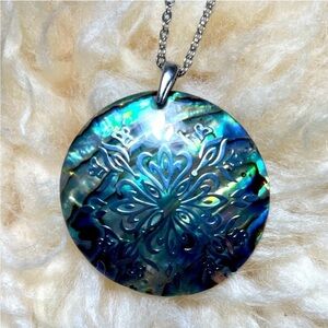 Abalone Etched Iridescent Turquoise Blue Medallion Necklace with Silver Chain
